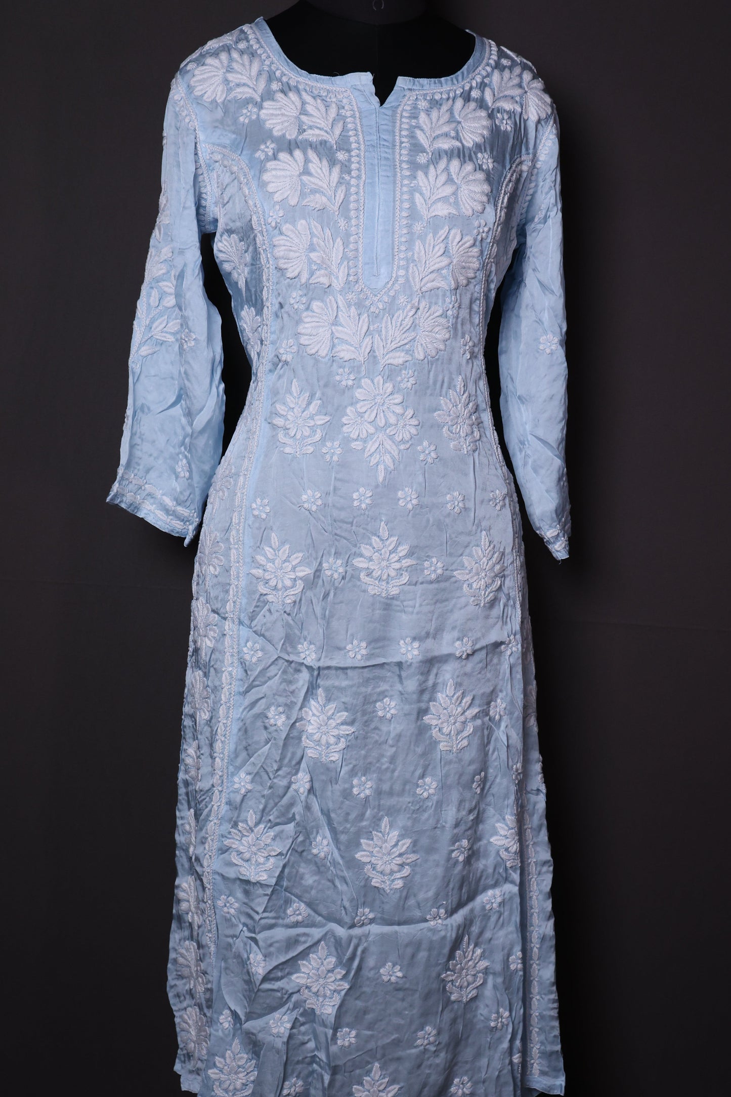 Luxurious Long Chikankari Satin Kurti