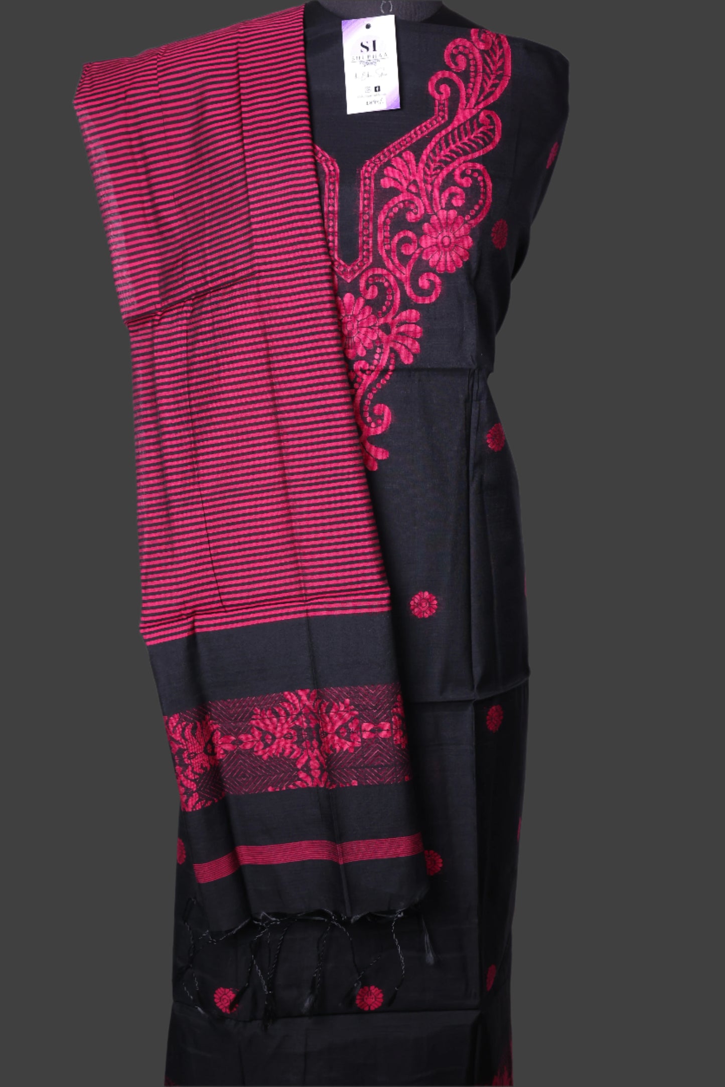 Bold Pink and Black Cotton Silk Suit Set