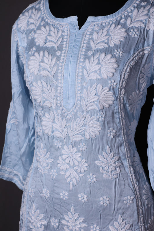 Luxurious Long Chikankari Satin Kurti